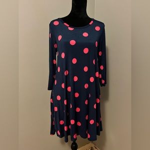 Women’s Tunic, Navy with Pink Polka Dots, Pockets, Size Medium